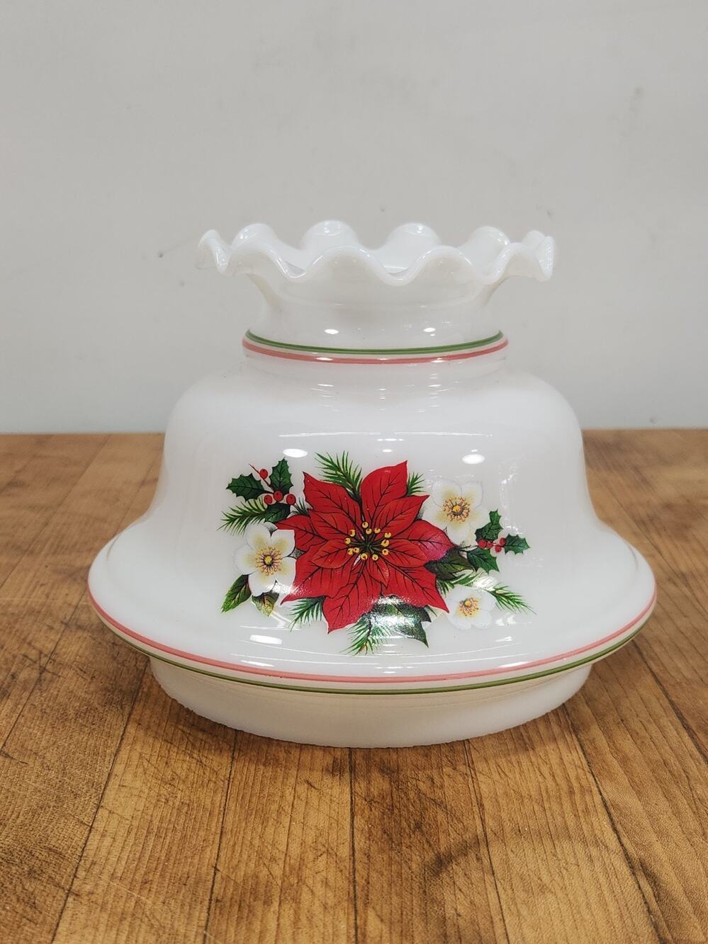 Vintage 1970s Milk Glass Hurricane Lamp Shade Poinsettia Holly Ruffled Christmas